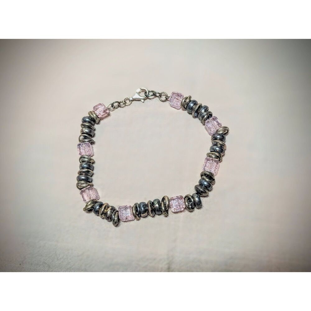 925 Sterling Silver Bracelet Pink Crackle Crystal Beads Oxidized Boho 8"